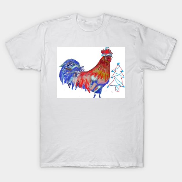 Christmas Rooster Watercolor Painting T-Shirt by SarahRajkotwala